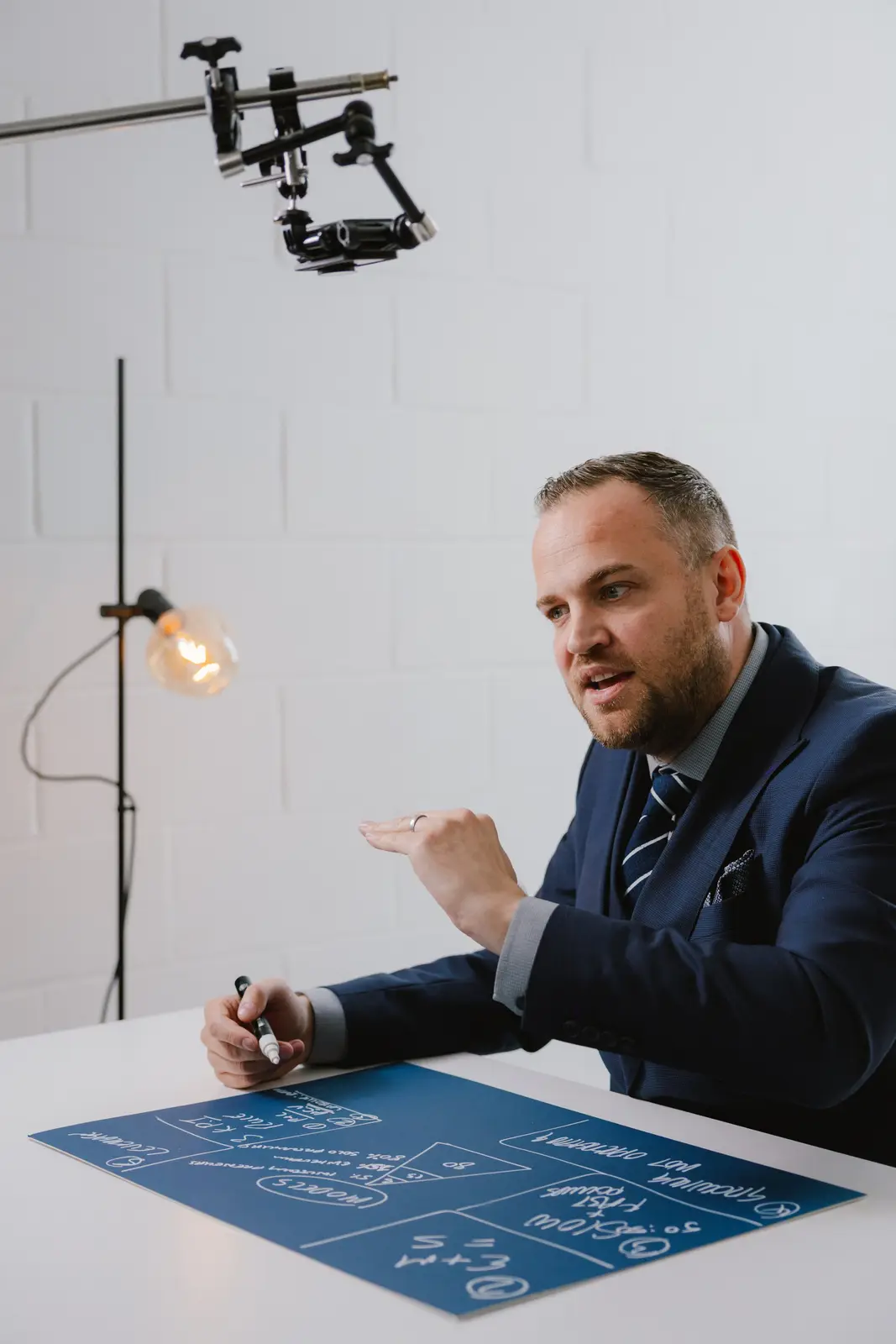 James Sinclair at his desk, sketching a plan